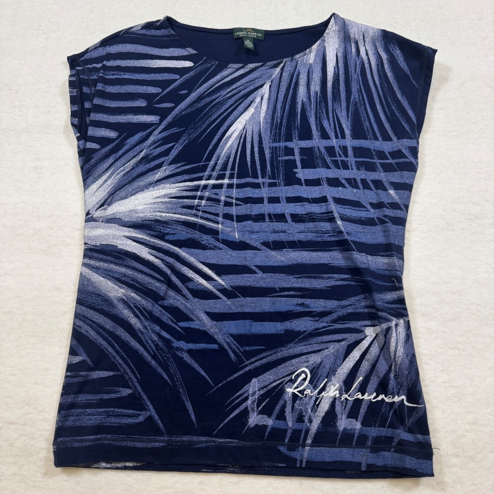Lauren Ralph Lauren Navy Blue Tropical Graphic‎ Palm Print Cotton Shirt Top